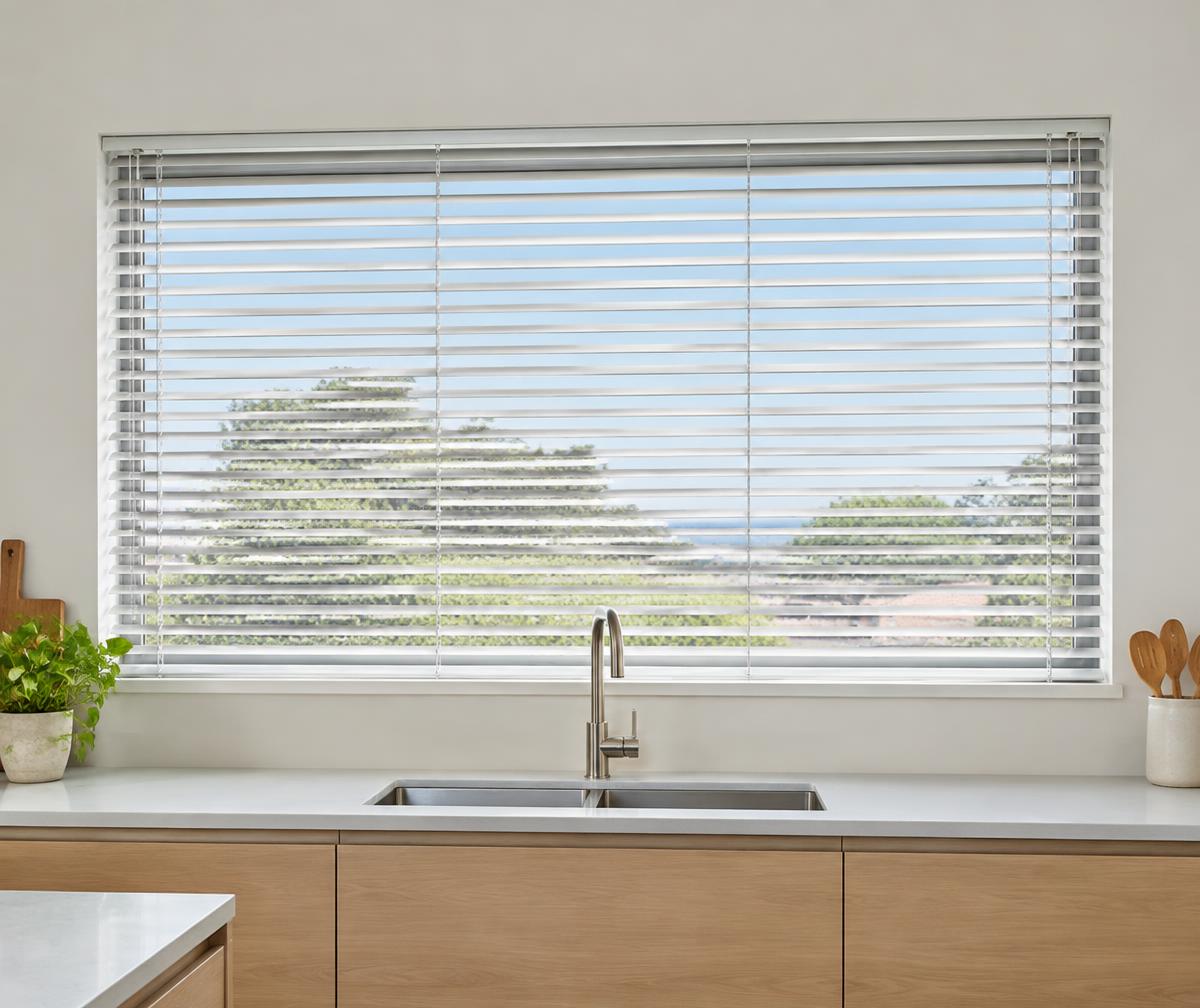 Illustrative white aluminium Venetian blind in a kitchen
