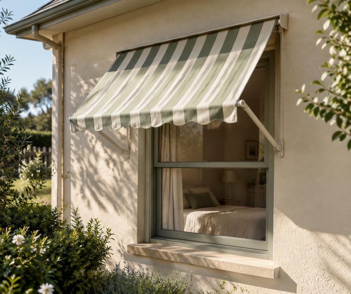 Illustrative fabric window awning with locking arms extended over a window