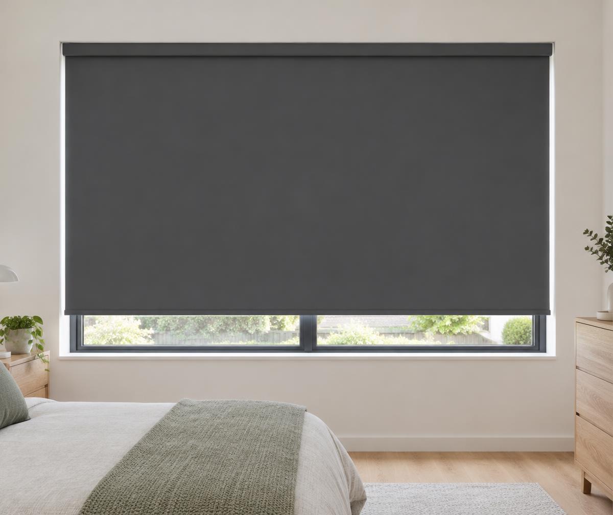 Illustrative charcoal roller blind made from opaque blockout fabric