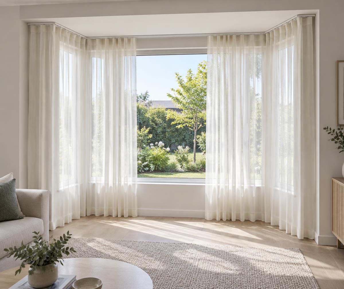 Illustrative curtains following the straight sections and corners of a box bay window
