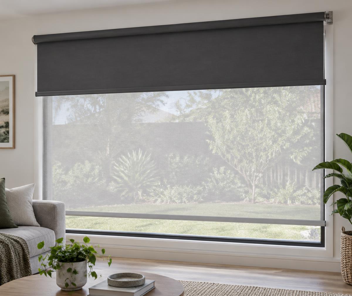 Illustrative double roller system with a lowered sunscreen blind behind a partially lowered blockout blind