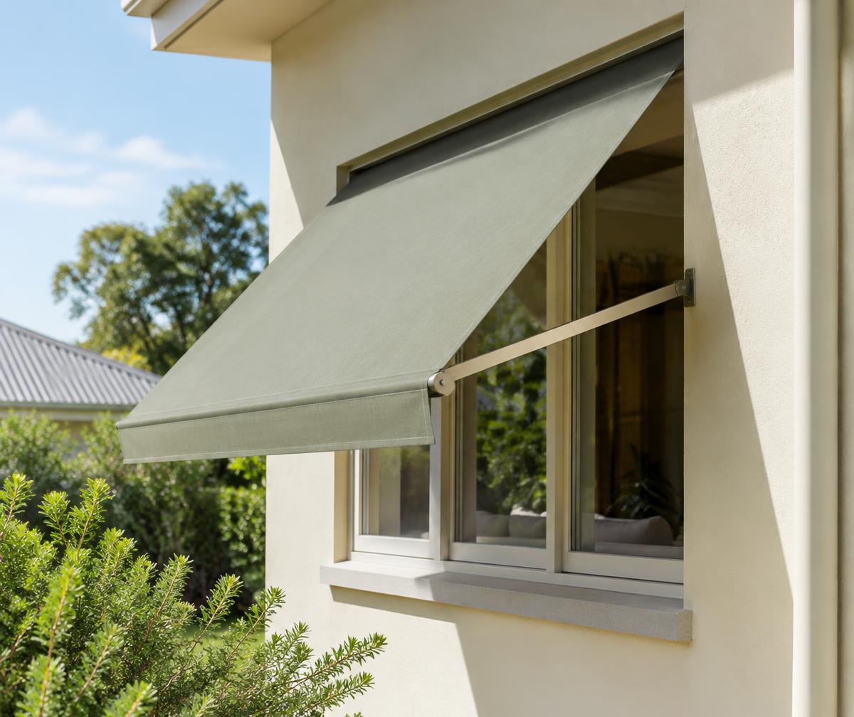 Illustrative drop-arm awning projecting from a wall with an air gap above the window