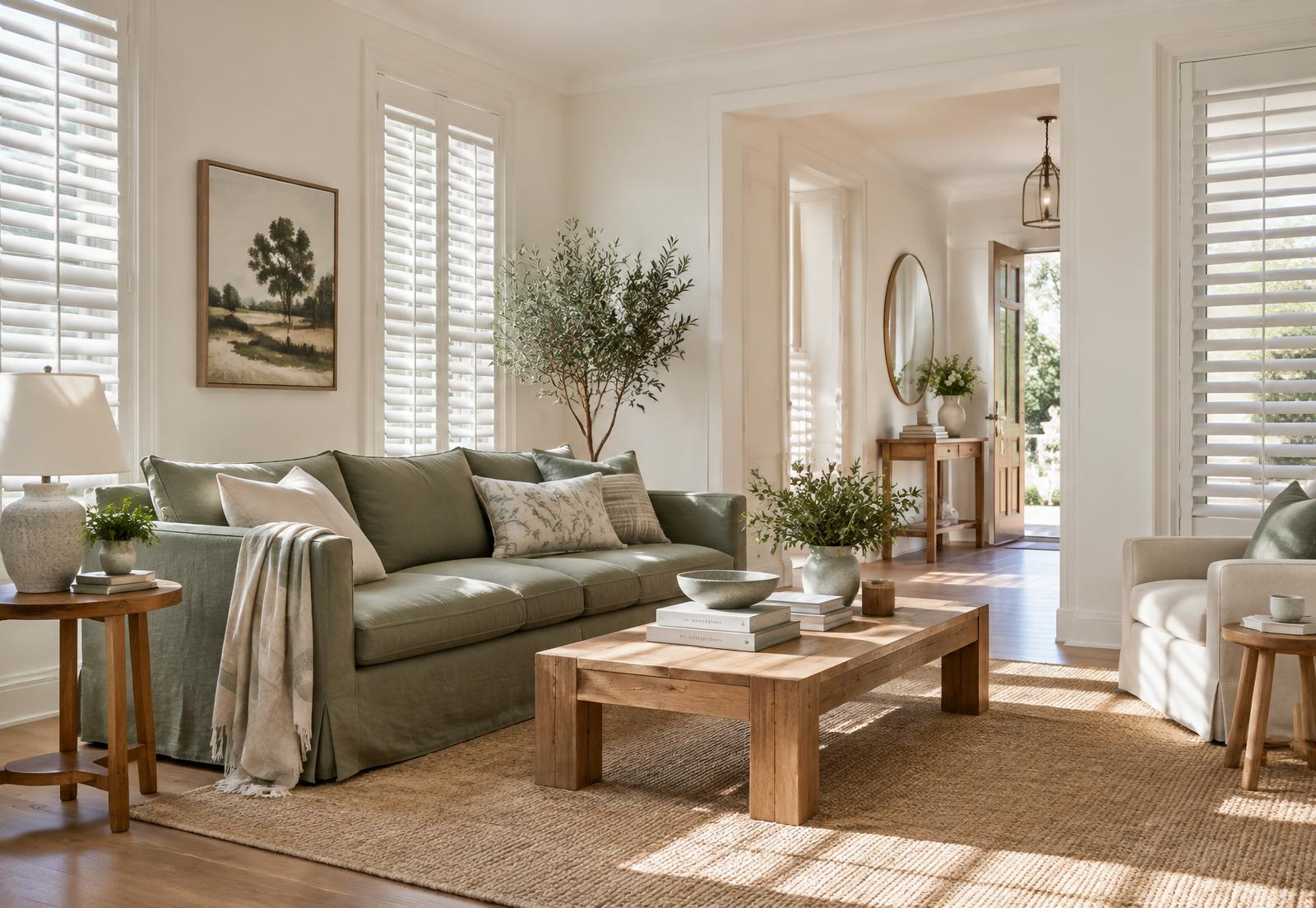 Living room with white plantation shutters