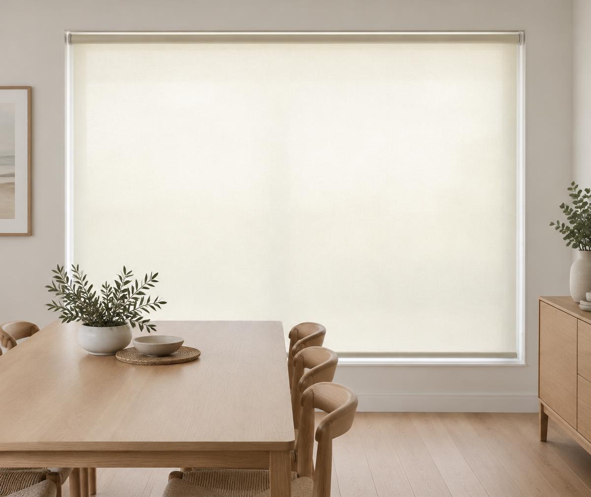 Illustrative light-filtering roller blind diffusing daylight in a dining room