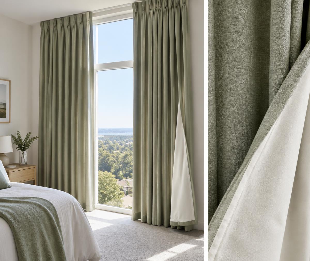 Illustrative sage curtain with its edge turned back to show a separate ivory lining