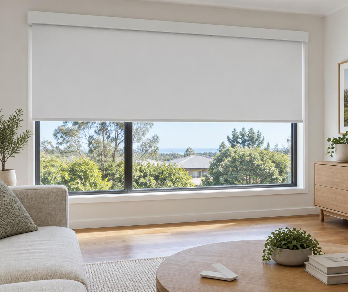 Illustrative cord-free roller blind with a generic remote on a living-room table