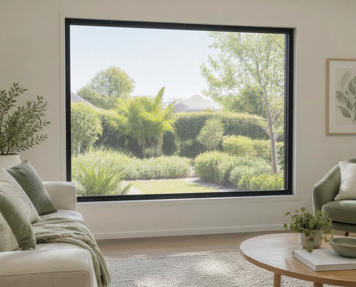 Illustrative fixed stainless steel security mesh screen fitted to a living room window