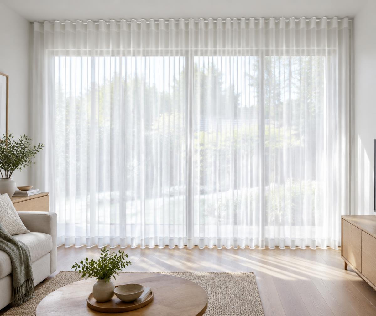 Illustrative full-length white sheer curtains filtering living-room daylight