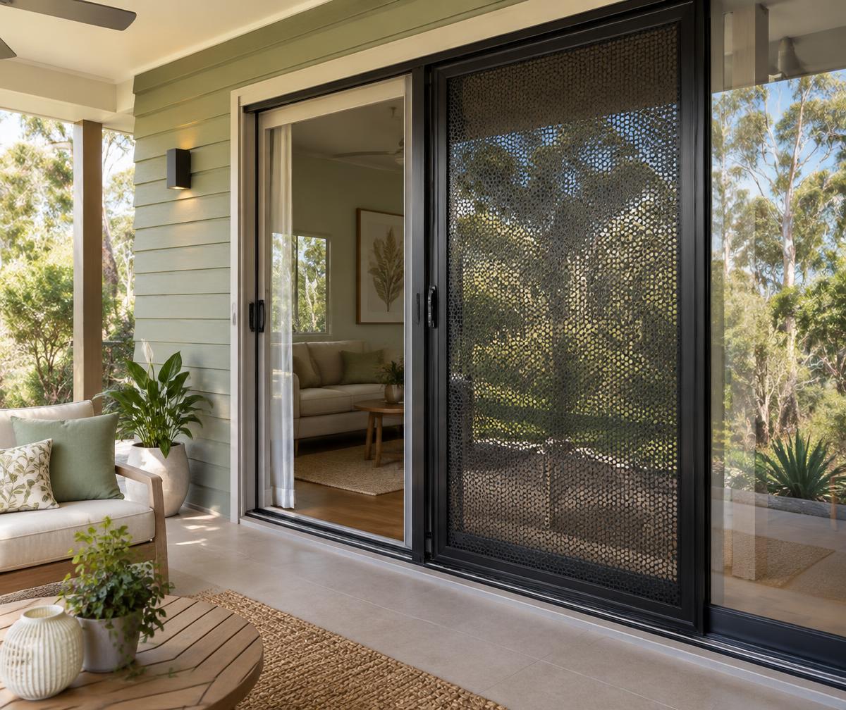 Illustrative sliding security screen door with perforated mesh beside a glass patio door