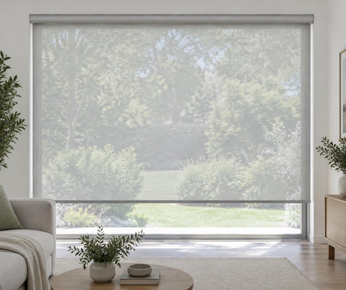 Illustrative sunscreen roller blind with garden visible through mesh