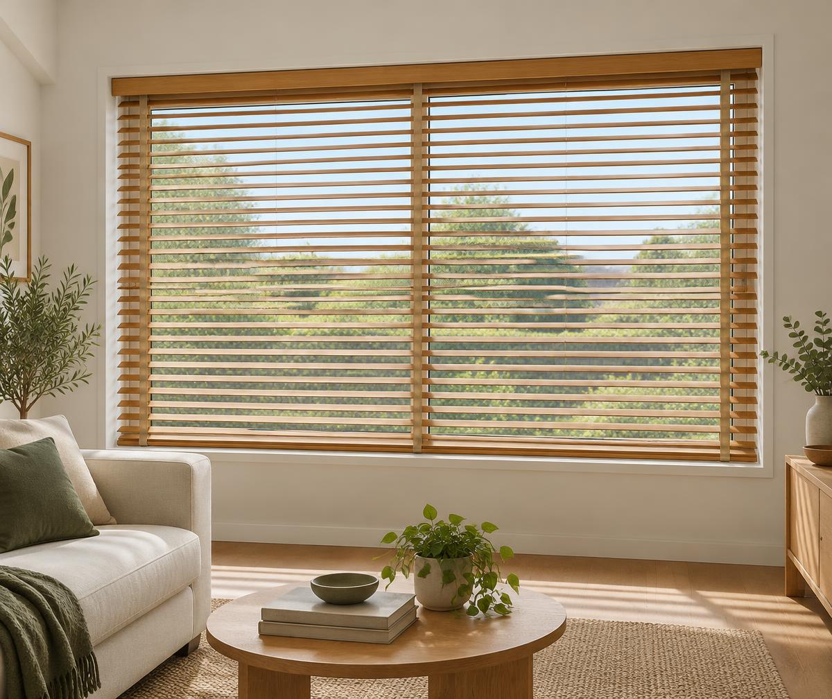 Illustrative timber Venetian blind with adjustable horizontal slats