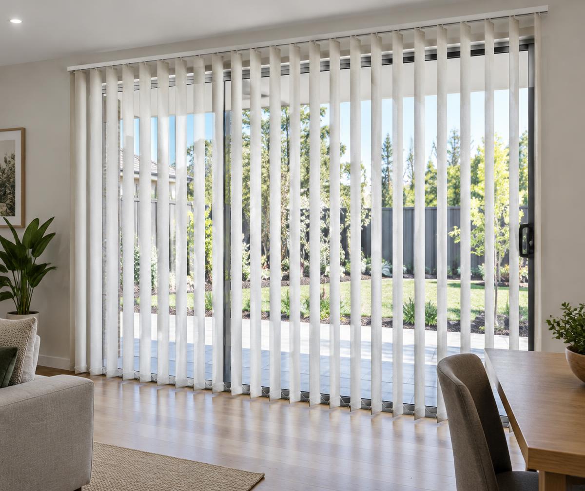 Illustrative vertical fabric vanes over a sliding glass door