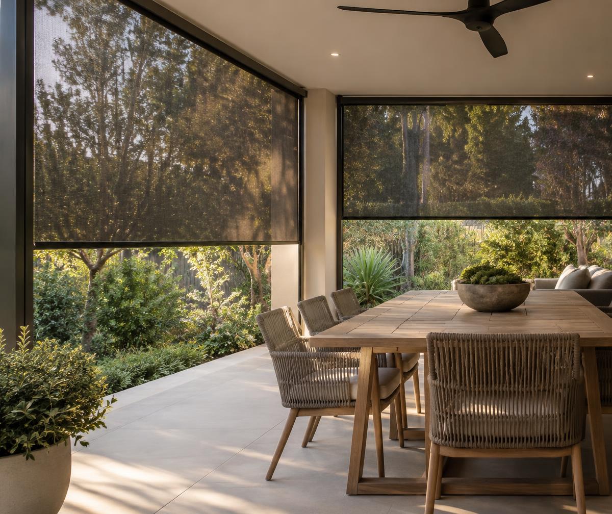 Illustrative patio enclosed by half-lowered mesh zip screens in slim side channels
